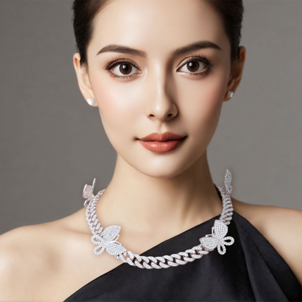 THREE LEFT Iced Silver Butterfly Cuban Chain Set